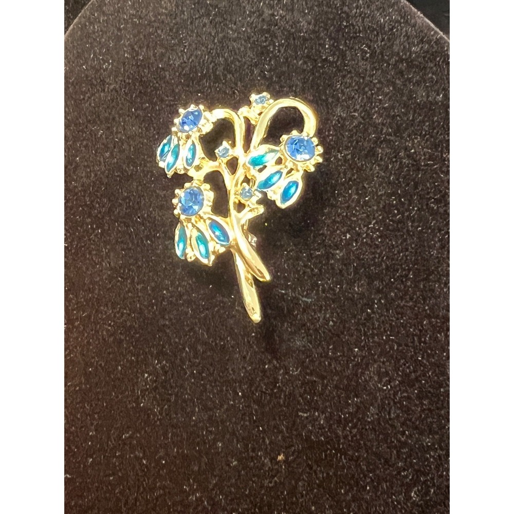 Vintage‎ Blue Gemstone- Silvertone Floral Brooch